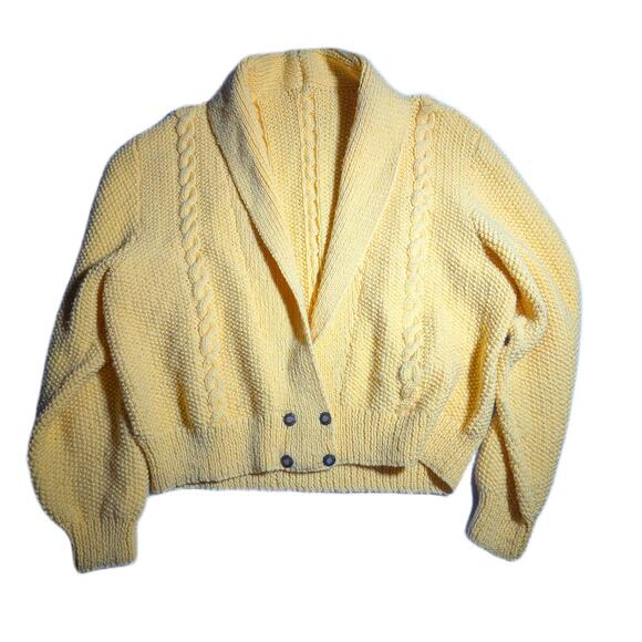 Vtg 1980s Butter Yellow Deep V-Neck Chunky Knit Shawl Collar Cardigan Sz XL - Picture 1 of 3